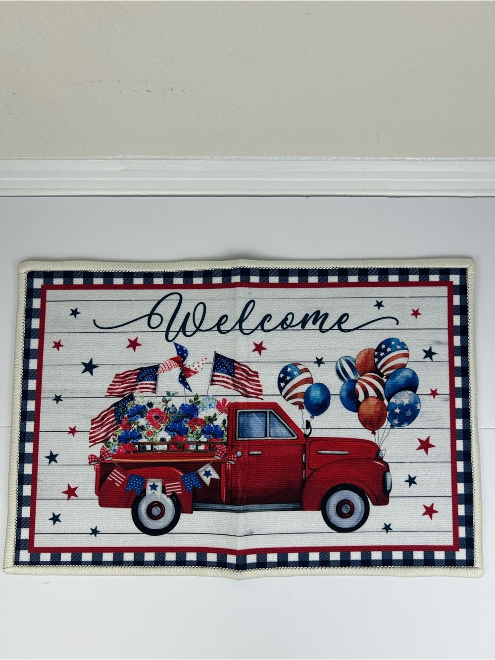 Patriotic Welcome Door Mat 24x16 Red Truck Flags Balloons 4th of July New